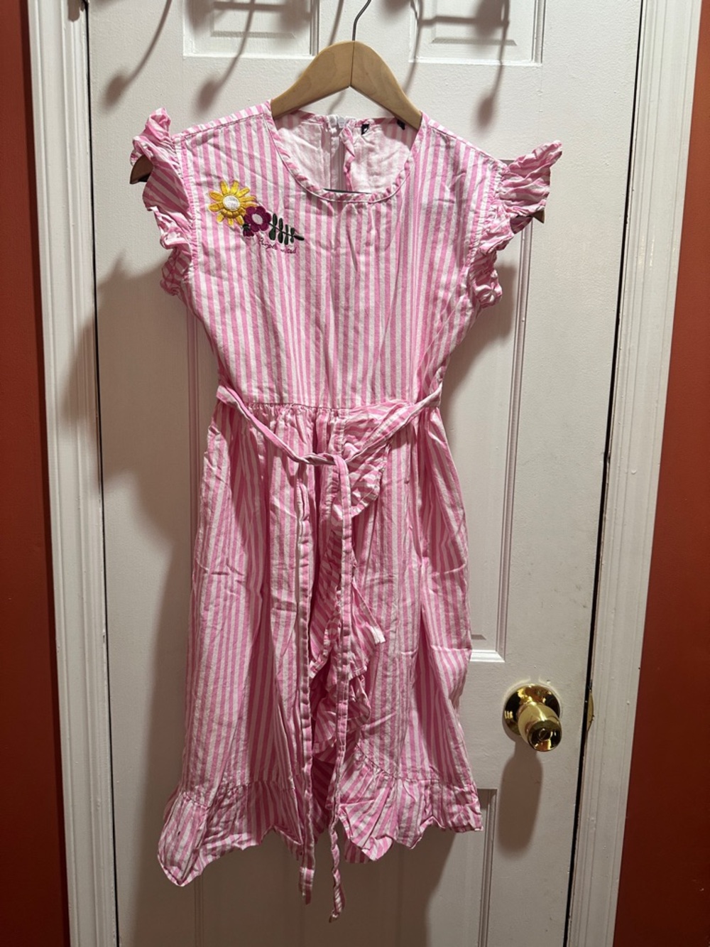 Pink Striped Cotton Girls' Casual Dress with Floral Detail